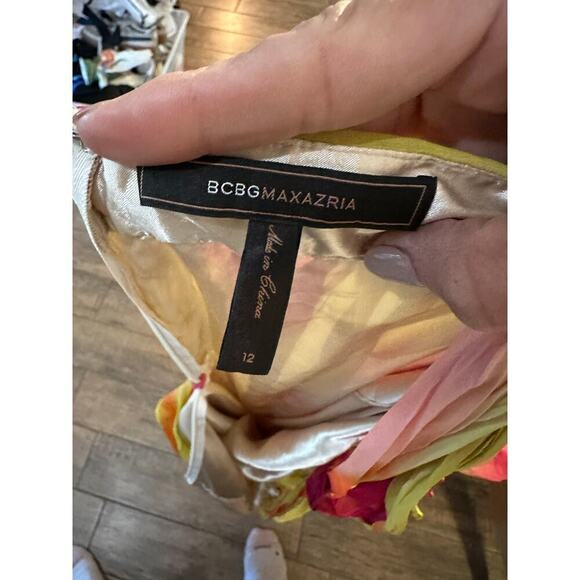 BCBGMAXAZRIA Lime 100% Silk Chiffon Pleated Top Maxi Dress Size 12 - Picture 7 of 8